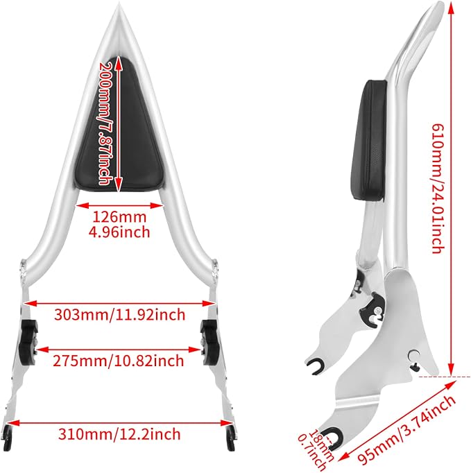 Motorcycle 16" Sissy Bar, Integrated Passenger Backrest Fit For Harley Touring Road King Street Glide Road Glide 2009-2025 Chrome