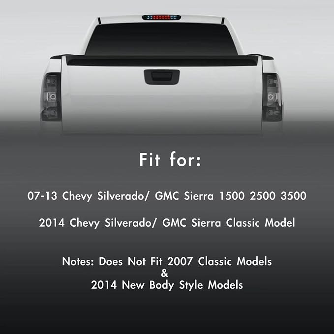 Third 3rd Brake Light, LED High Mount Stop Light for 2007-2013 Chevy Silverado/GMC Sierra 1500 2500HD 3500HD, Rear Center Cab Roof Tail Cargo Lamp, Smoke Lens