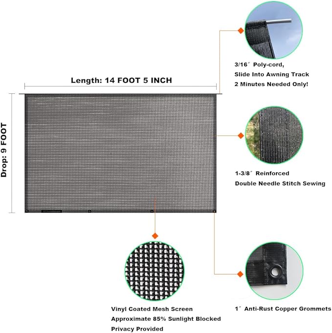 Shadeidea RV Awning Sun Shade Screen - 9' X 14' 5'' (Fit for 15' Awning) Mesh Sunshade for Motorhome Camping Trailer Awning Shadescreen UV Sunblocker Canopy Sunscreen - 3 Year Warranty (Black)