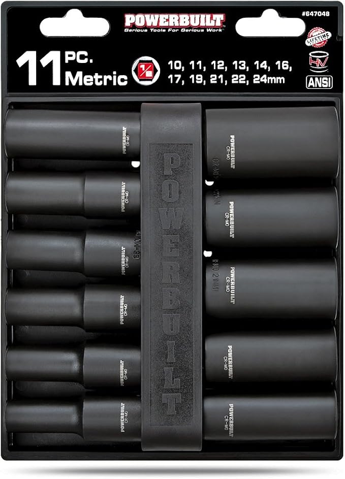 Powerbuilt Metric Deep Impact Socket Set, 1/2 Inch Drive, 6 Point, 11 Pieces, Size Markings, Z-Drive Sockets Grip - Black 647048