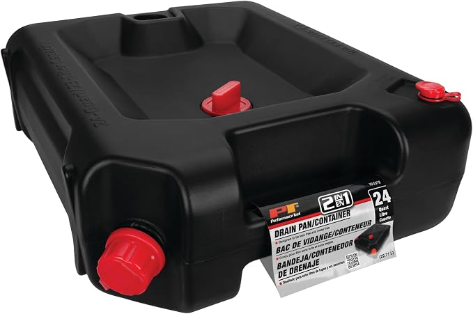 Performance Tool W4078 24-Quart Oil Drain Container, Deep Drain Well, Integrated Handle, Sealing Rubber Gaskets, Black