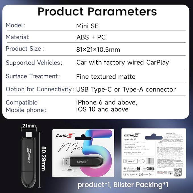 CarlinKit CarPlay Wireless Adapter MiNi SE 2026 - Auto Connect Online Update for iPhone, Apple CarPlay Wireless Adapter Convert OEM Wired CarPlay Cars, Plug & Play Dongle