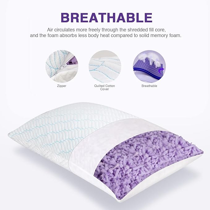 WISHSMILE Cooling King Size Pillows, Pillow King Size Set of 2 Shredded Memory Foam, Cool Cold for Sleeping with Zipper, Adjustable Firmness to Hot, Side, Back and Stomach Sleepers, 2 Pack, 20x36