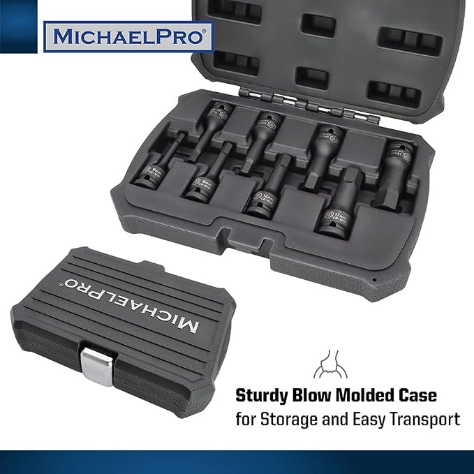 MichaelPro MP005027 8Pc 1/2” Drive Hex Bit Socket Set, 6 to 19mm, Impact Metric Socket, CR-Mo | Sturdy Storage Case Included