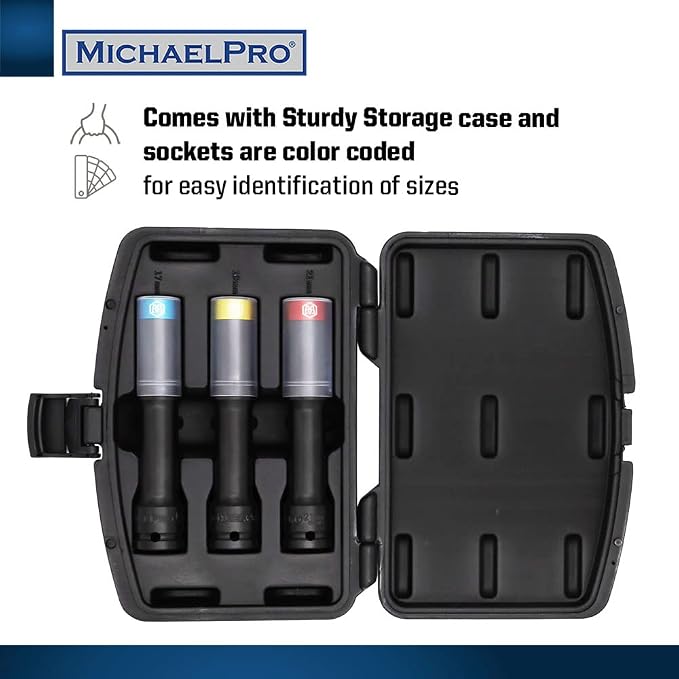 MichaelPro 3-Piece Power Impact Lug Nut Socket, Damage-Free 6-Inch Length Extra Tough Professional Thin Wall Wheel Protector Impact Sockets –17, 19, 21mm| MP005031