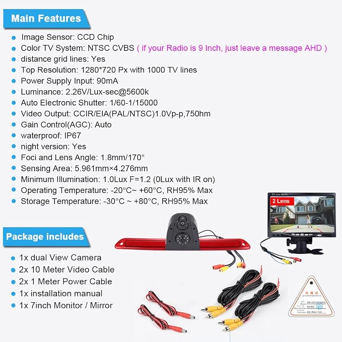 Top Mount Brake Light Reverse Backup Camera Double Rear View Camera Two Lens Camera+7 inch LCD Monitor for Mercedes Benz Sprinter W906/VW Crafter Caravelle 2007-2015