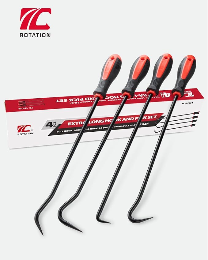ROTATION 4-Piece Heavy-Duty Long Hook & Pick Set, Automotive Hose Removal Tools for Vehicle Radiator and Coolant Hose, Clamp, and More