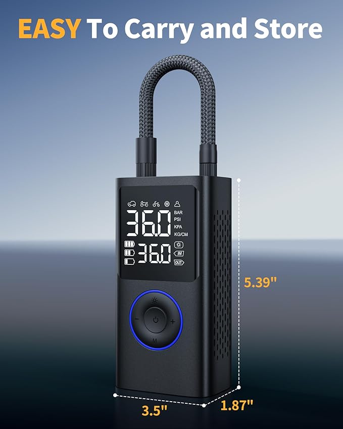 Powools Tire Inflator Portable Air Compressor, 150 PSI Cordless Bike Pump, Air Pump for Auto, Motorcycle, Bicycle, Balls with Pressure Gauge, LED Light & Car Accessories, Blue, Standard Capacity