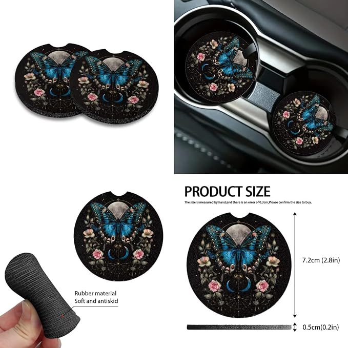 Butterfly Moon Daisy Rose Print Car Accessories Set of 10 Front and Back Seat Covers Cup Coasters Car Trash Bin Steering Wheel Cover Keychain Air Vent Storage Bag Univeral Fit