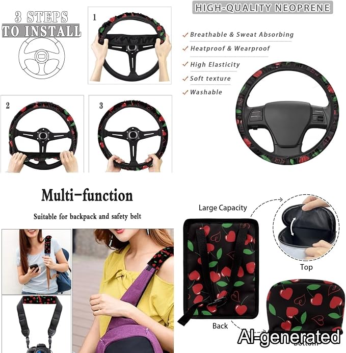 Dreaweet Cute Car Seat Covers Full Set for Women Cherry Car Accessories Interior 15 Pcs,Car Steering Wheel Covers Seatbelt Covers Coaster Trash Can Air Vent Holder Rear View Mirror Cover Keychain