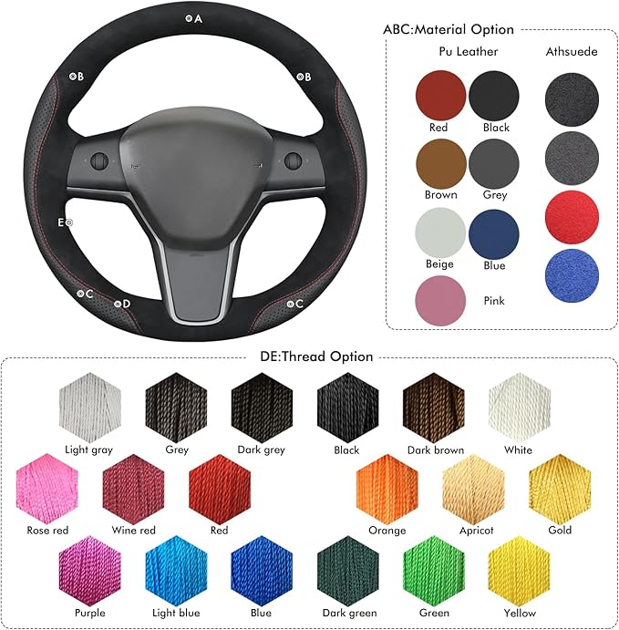 MEWANT Hand Stitch Steering Wheel Cover for Tesla Model Y 2023 Tesla Model 3 2023 Real Leather Athsuede Steering Wrap