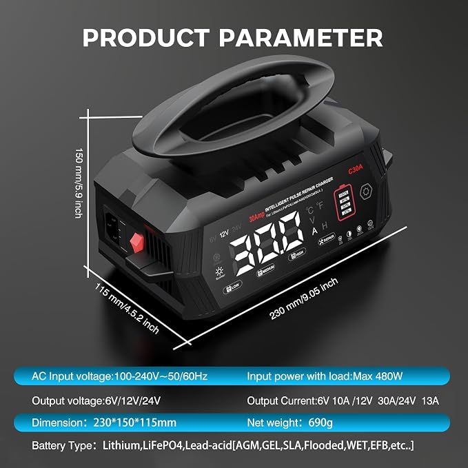 30-Amp Battery Charger for Lithium LiFePo4 Lead Acid Deep Cycle (AGM/Gel), 6V/12V/24V Battery Charger & Maintainer, Trickle Charger for Car Truck Motorcycle Lawn Mower Marine