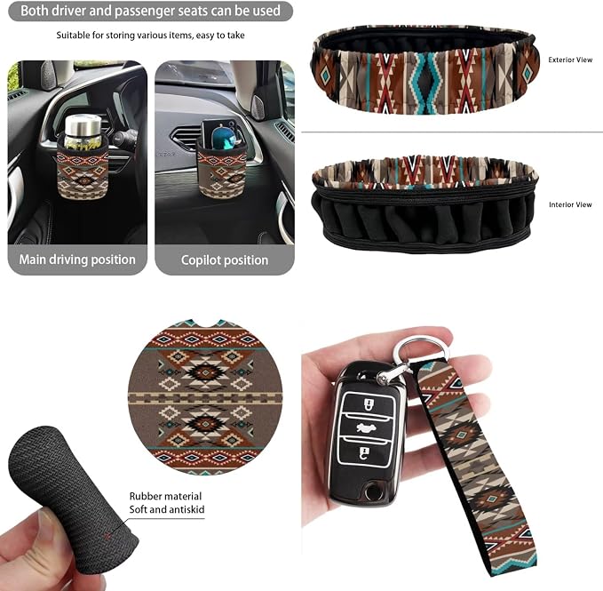 Dreaweet Geometric Aztec Car Seat Covers Full Set 15 Pcs Native American Tribal Seat Covers with Steering Wheel Cover Seat Belt Pads Trash Bag Air Vent Pouch Rear View Mirror Cover Coasters Keychain