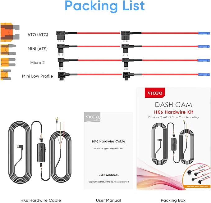 VIOFO Type-C HK6 Acc Hardwire Kit with 8PCS Full Set Circuit Fuse Tap for A329S Series/ A119M Pro, Support Hybrid Parking Mode, Automatic Voltage Display, Low Power Consumption