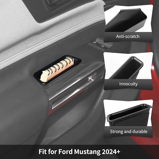 Door Side Organizer & Rear Storage Box 3PCS Interior Storage Tray for Ford Mustang 2015-2026 Armrest Phone Container Door Handle Pocket Tray Minimalist Black Interior Accessories
