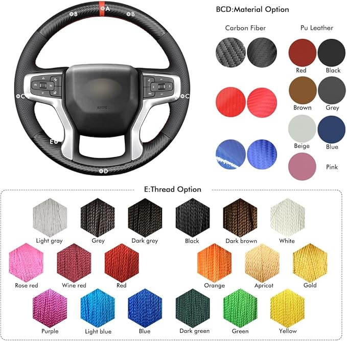 MEWANT Steering Wheel Cover for Chevy Silverado 1500 2019-2024/2500 3500 2020-2024/Blazer 2019-2024/Suburban Tahoe 2021-2024 Carbon Fiber Hand-Stitched Steering Wheel Wrap