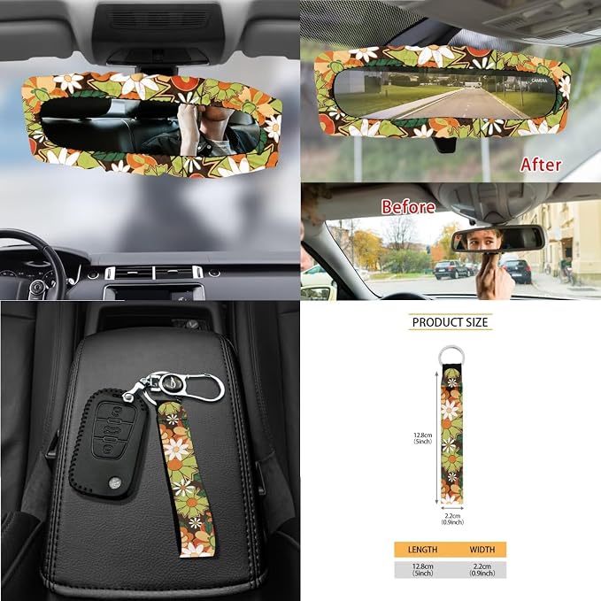 Hippie Daisy Pattern 15 Pieces Car Seat Cover Steering Wheel Cover, Seat Belt Covers Car Trash Can Cup Holders Keychain Air Vent Bag for Truck Vans Sedans