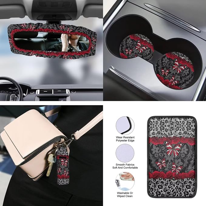 Butterfly Leopard Printed Auto Seat Cover Full Set with Steering Wheel Covers, 15 Pcs Car Front Rear Seat Covers Comfy Armrest Pad Coaster Universal Fit for Cars SUVs Trucks, Grey