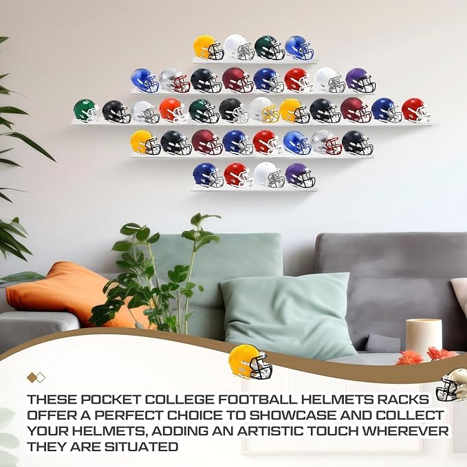 Colingmill Wall Mount Pocket Size Helmet Display Racks 9.84 x 3.15 x 1.06 Inches Acrylic Pocket Size Football Helmet Display Racks 16 Team for Collecting Game Helmets