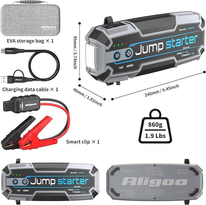 Car Jumper Starter Portable 24000mAh 12V Peak 4000A Jump Box for Car Battery Cargador De Bateria De Carro Portatil Waterproof IP67 Magnetic Hook Fast Charge 100W Led Lights Camping