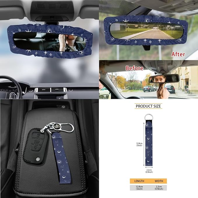 Wanyint Sun Moon Star Car Seat Covers Front Rear Split Bench Full Set Steering Wheel Cover Seat Belt Pads Coasters Trash Bin Hanging Storage Bag Cup Holders Rearview Mirror Cover Key Ring, 15 PCS