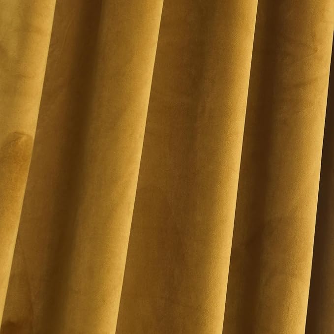 Roslynwood Luxury Soft Mustard Velvet Curtains 63 inches Long Back Tab Thermal Insulated Blackout Window Drapes for Living Room/Bedroom/Dining Room, W52 x L63, 2 Panels