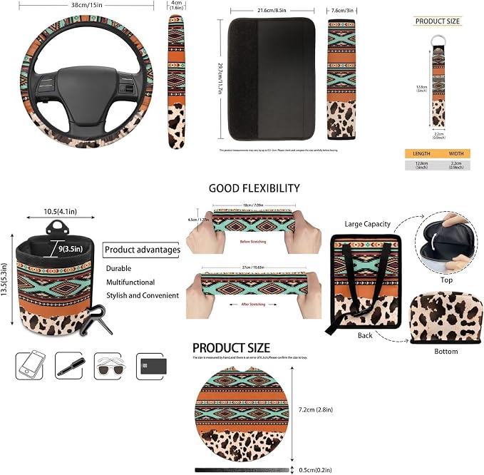 XYZCANDO Tribal Auto Interior Sets 15 PCS Car Seat Cover Set Steering Wheel Cover Seat Car Rear View Mirror Cover Belt Pads Cover Garbage Bag Storage Box Coasters Keychain for Sedans Van SUV
