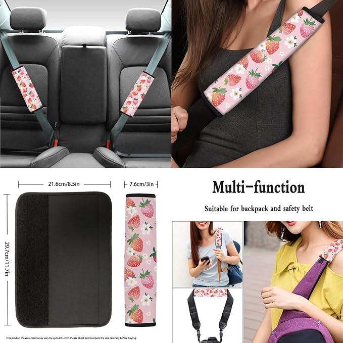 8 Pcs Strawberry Car Seat Covers Full Set Car Accessories for Women Front Seat Cover Steering Wheel Armrest Cover Seat Belt Cover for Auto SUV Interior Decoration