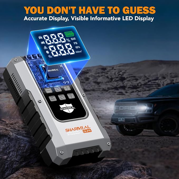 6000A Jump Starter with Air Compressor 160PSI Tire Inflator, 12V Car Battery Fast Charge Portable Jump Starter for All Gas/10L Diesel, Jump Box Pack with 3 Modes Flashlight and Jumper Cables
