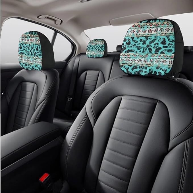 Wanyint Aztec Cow Print Teal Car Seat Cushion Cover Full Set 11 PCS, with Car Steering Wheel Cover Coasters Handbrake Protector Gear Shift Knob Cover Headrest Covers Universal Fit Most Vehicles