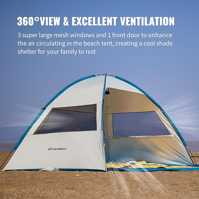 EchoSmile UPF 50+ Beach Tent Sun Shelter for 3/4 Person, Portable Beach Cabana Tent