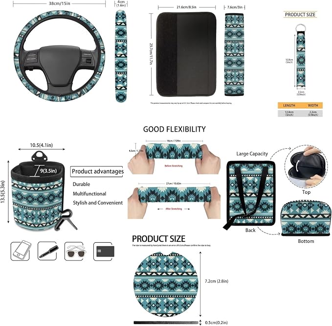 XYZCANDO Tribal Style Automobile Seat Cover Sets 15 PCS Car Seat Cover Set Steering Wheel Cover Seat Belt Pads Cover Garbage Bag Storage Box Rear View Mirror Cover Coasters Keychain Fit Most Cars