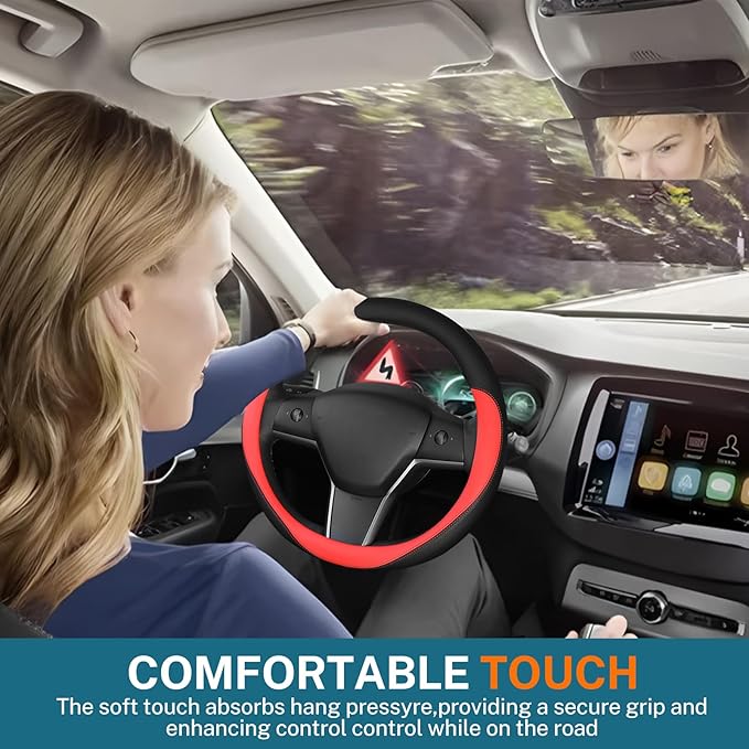 Leather Steering Wheel Cover Custom-Fit for Tesla Model 3/Y 2016-2026, Comfort Grip Design Breathable and Non-Slip, Model 3/Y Car Steering Wheel Protector, Tesla Accessories,Black(D-Style, for Tesla)
