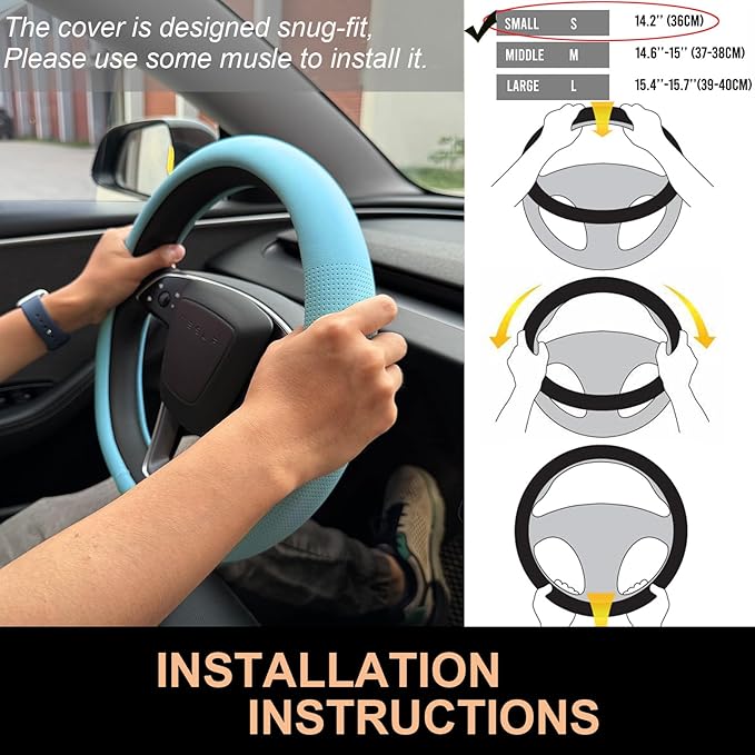 PINCTROT Nappa Leather Steering Wheel Cover for Tesla Model Y/3 Highland/Juniper, D Shaped 14 Inch Small Sized with Breathable Perforation, Fit Like Gloves, Flat Bottom 14 Inch(Nappa Aqua)