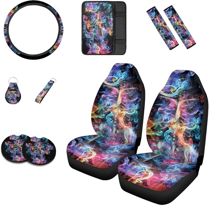 Howilath Colorful Psychedelic Skull Pattern 10pcs Car Front Seat Covers/Steering Wheel Cover/Seatbelt Pads/Keychain/Armrest Cushion/Coasters Vehicle Seat Protector Accessories
