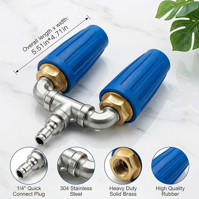 Dual Turbo Nozzle Pressure Washer, Dual Pressure Washer Nozzle, 360° Rotating 4000 PSI Turbo Nozzle with 1/4" Quick Connector 2.0 Orifice, 304 Stainless Steel for Driveway/Deck Clean(Blue)
