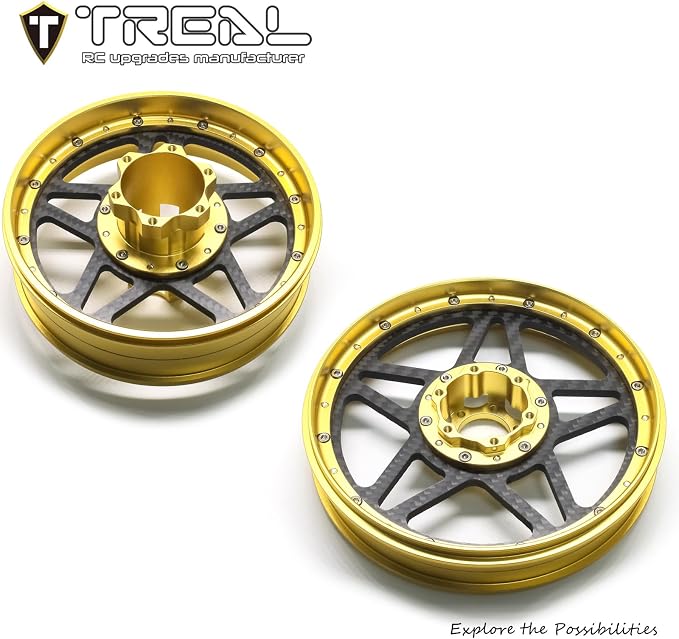 TREAL Losi Promoto MX Front and Rear Wheels(2P), CNC Machined Aluminum w Carbon Rims for Losi 1/4 FXR Motorcycle(Gold)