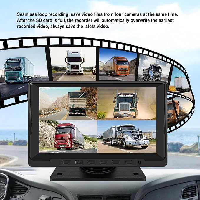 VSYSTO 4CH Backup Camera, 7'' Monitor 1/2/3/4 Split Screen Display Truck Dash Cam Vehicle DVR 720P Front & Sides & Rear Camera Infrared Night Vision Lens for Semi Trailer Van Tractor RV (Black-X7H)