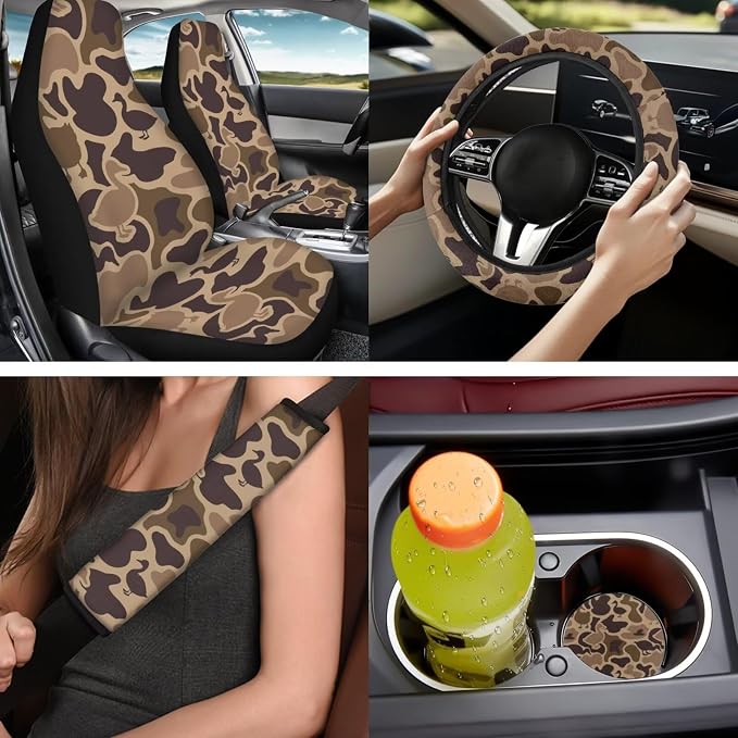 Bulopur Duck Hunting Camo Automotive Seat Covers Front and Back with Car Steering Wheel Cover Non-Slip Armrest Pad Seat Belt Covers Keychain Automotive Interior Accessories Set 14 Pack
