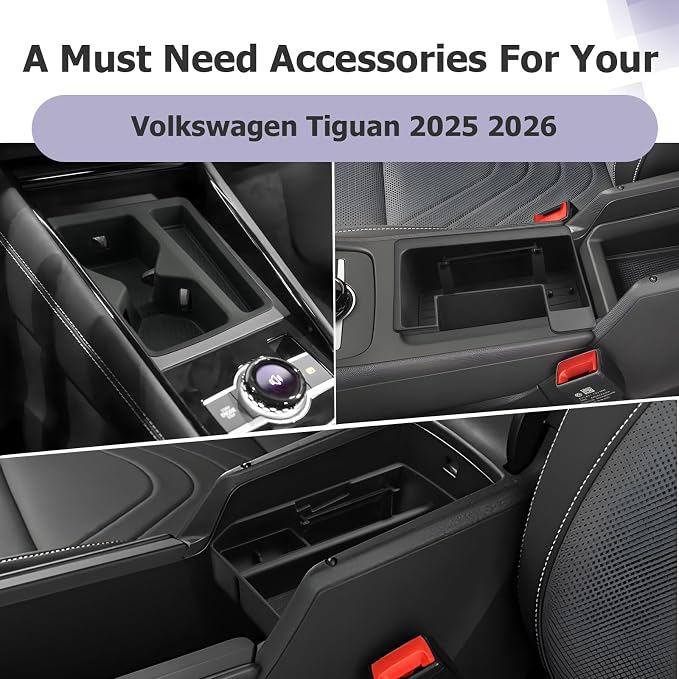 LUWU Center Console Organizer Compatible with 2025 2026 VW T iguan Accessories S/SE/SE R-Line Black/SEL R-Line Armrest Console Organizer & Front Center Console Storage Tray & Cup Holder 3PCS