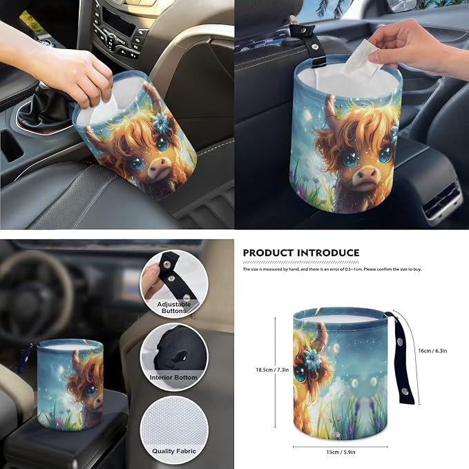 Moon Baby Highland Cow 15 PCS Car Seat Cover Set, with Steering Wheel Seat Belt Cover Rear View Mirror Cover Coaster Trash Cans Keychain Universal Fit