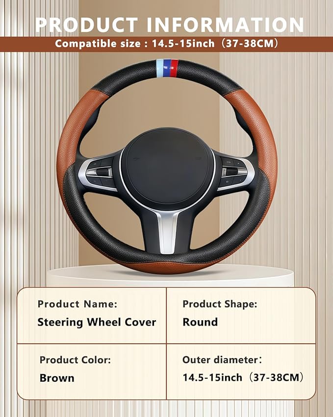 Steering Wheel Cover for BMW Leather Car Steering Wheel Covers Universal for Car SUV Truck with Anti-Slip Lining 14.5-15inch (Brown)