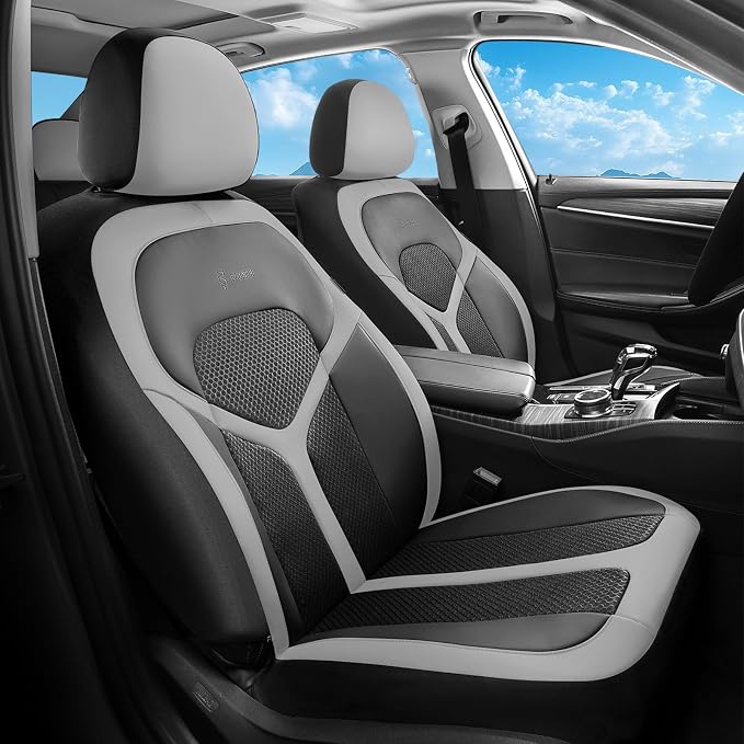 FLORICH Car Seat Covers Full Set, Universal Seat Cover 5 Seats, Automotive Seat Covers with Mesh Leather, Waterproof Car Seat Protector, Breathable Car Seat Cushion for Most Car SUV Truck, Gray