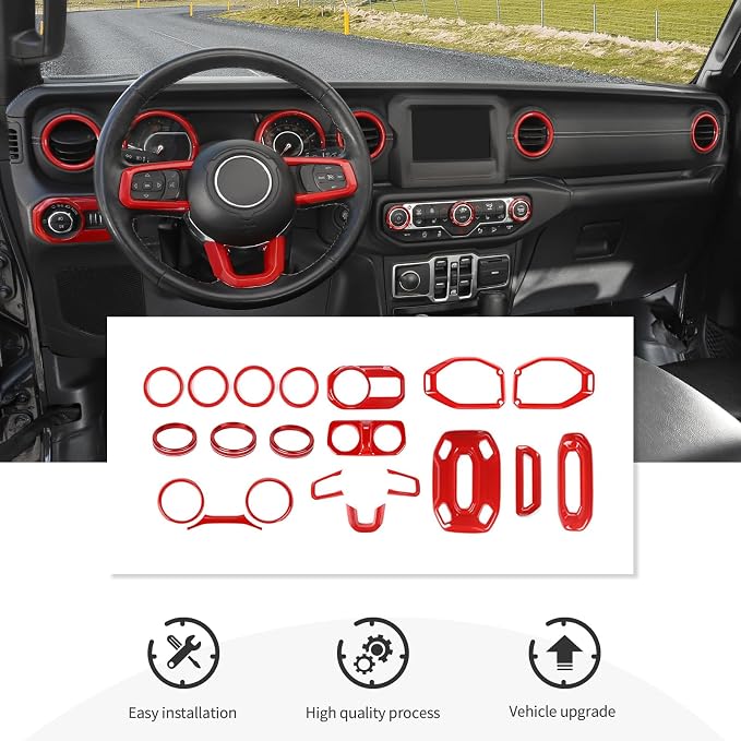 CheroCar Red 20PCS Interior Trim Kit for Jeep Wrangler JL JLU & JT Gladiator 2018-2023,Dashboard,Steering Button Frame,AC Switch,Roof Speaker,Reading Light,Headlight Switch,Rear Air Vent Trim
