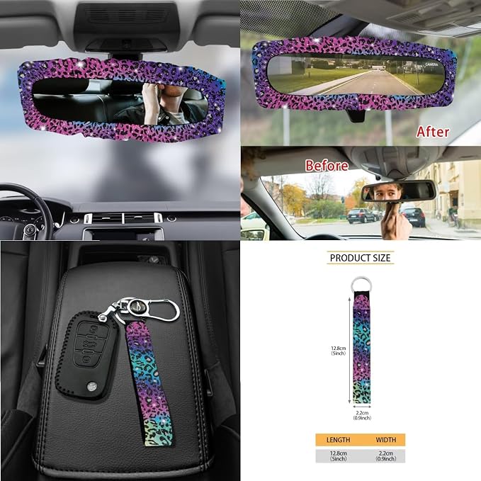 Leopard Galaxy Pattern Bucket Seat and Rear Split Bench Cover Steering Wheel Cover Car Trash Bin Seat Belt Pad Keychain Coasters Air Outlet Bag 15pcs Car Accessories