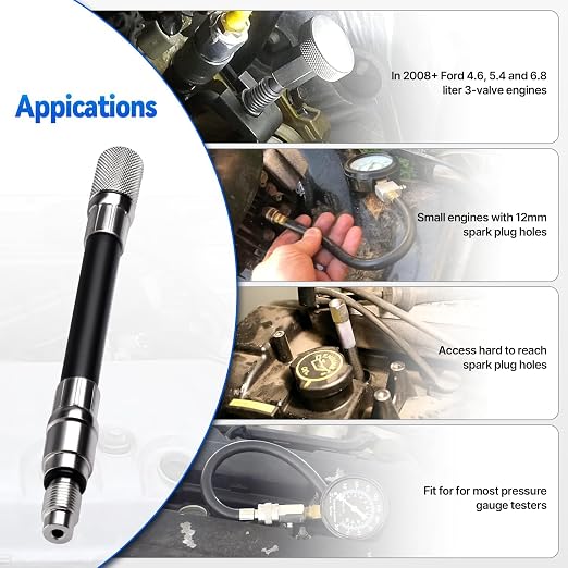 5608 12mm Compression Tester Adapter Compatible with 2008 and Newer Ford 4.6L, 5.4L, 6.8L 3-Valve Engines with 12mm Spark Plug