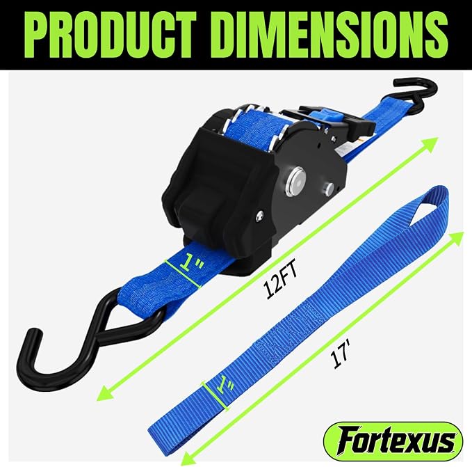 Retractable Ratchet Straps, 4-Pack, 1 Inch x 12 Feet, 1,760lb Break Strength, Self Retracting Tie Down for Truck, Cargo Trailer, Motorcycle, ATV, UTV (Blue, 4pack)