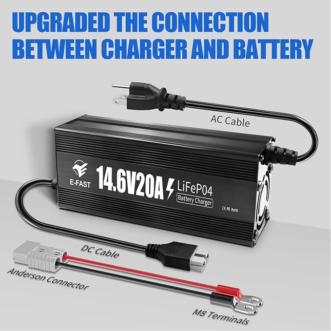 E-FAST 12V 20A Lithium Battery Charger, 14.6V LiFePO4 Battery Charger with Premium Aluminum Housing - 0V Activation for Golf Cart, RV, Marine, Boat, Trolling Motor - Includes Anderson Connector
