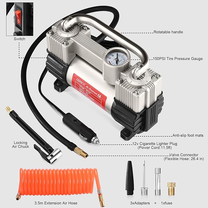 GSPSCN 6X Faster Inflation Tire Inflator Heavy Duty Double Cylinders with Portable Bag- Car Accessories,Metal 12V Air Compressor Pump 150PSI with Adapter for Car, Truck, SUV Tires, Dinghy, Air Bed