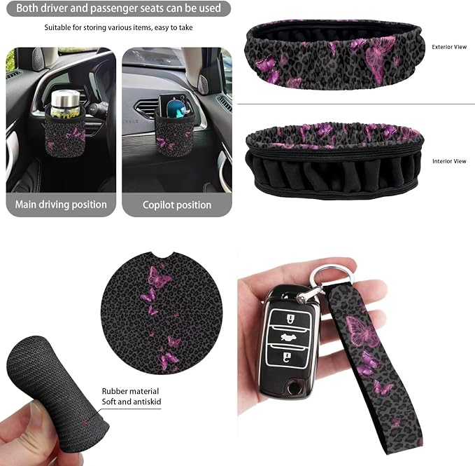 Dreaweet Black Leopard Print Car Seat Covers Full Set Purple Butterfly Car Accessories Steering Wheel Cover Seatbelt Covers Trash Bin Rear View Mirror Cover Cup Holders Keychain Air Vent Storage Pouch